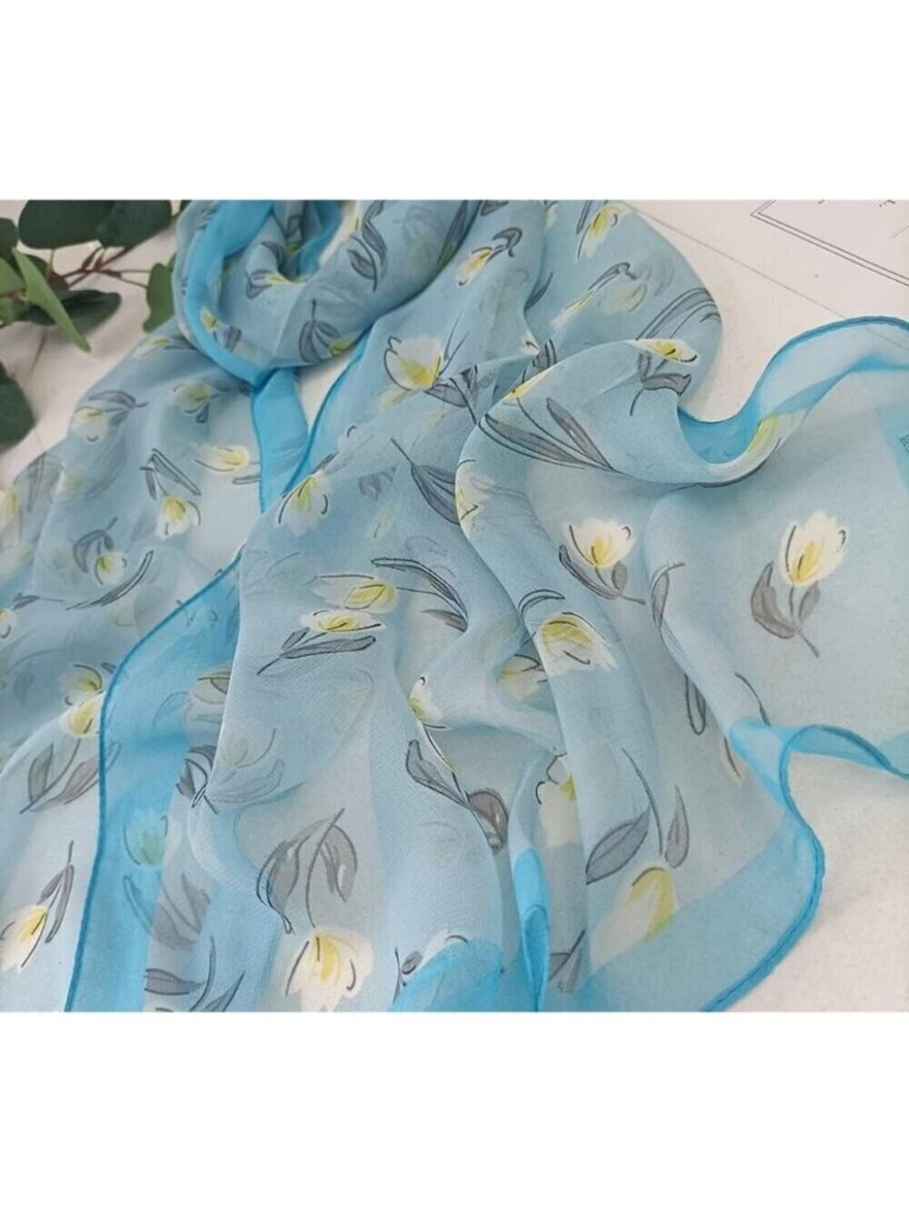 Women's  Light Blue Fashion Lightweight Head Scarf Floral Print Chiffon Scarves - Picture 2 of 5